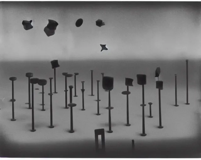 Image similar to Yves Tanguy. Magritte. Hazy polaroid collage. black cubes made of metal, concrete, and slime falling from the sky. the sum of the parts is greater than the whole. POV photos from the apocalypse. 4000 ISO. Yves Tanguy. Magritte. images that you are not supposed to see