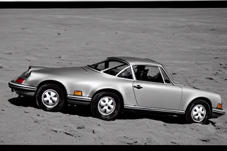 Image similar to vintage photo of a porsche 911 rover on the moon being driven by an astronaut. wide shot. apollo moon landing