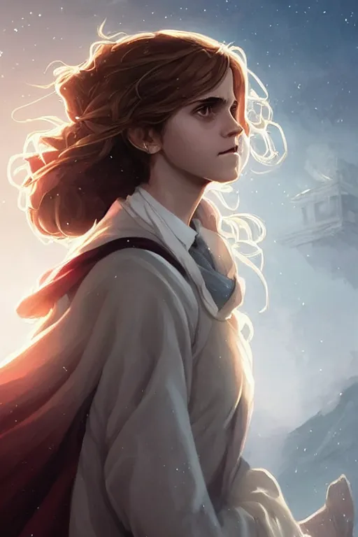 Image similar to Poster artwork, Emma Watson as Hermione Granger, wearing hogwarts robes, magnificent, medium close up, details, sharp focus, elegant, highly detailed, illustration, by Jordan Grimmer and greg rutkowski and PiNe(パイネ) and 薯子Imoko and 香川悠作 and wlop!!!! and maya takamura, intricate, beautiful, sunset!!!, Trending artstation, pixiv, digital Art