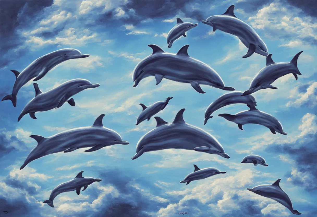 Prompt: family of dolphins flying through the clouds together science fiction painting