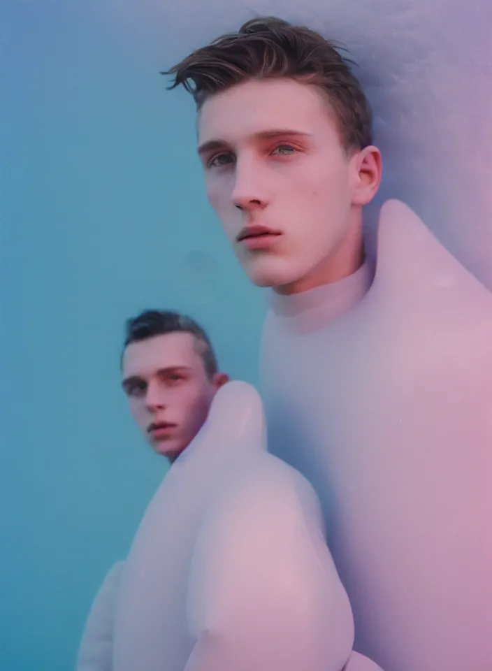 Image similar to high quality pastel coloured film portrait photograph of a beautiful young 2 0 year old male, soft features, short hair, wearing perspex space suit and oversized inflated clothing!! icelandic black rock pool environment. atmospheric three point light. photographic. art directed. ( pastel colours ). volumetric. clearcoat. waves. 8 k. filmic.