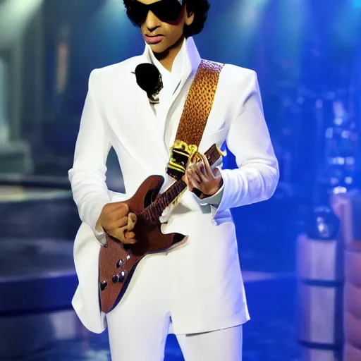 Prompt: prince wearing only sunglasses appearing on tonight show