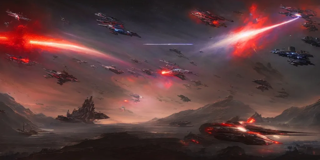Prompt: A highly detailed Sci-Fi concept art matte oil painting set in space by Jason Felix by Steve Argyle by Tyler Jacobson by Peter Mohrbacher of an epic Space battle , Two massive capital ships firing at it each other ,while small fighter ships fly in formation ready to attack , deep space , dark and stars in the background , red lasers, perspective , action shot . homeworld game art , trending on Artstation ,HD 4K
