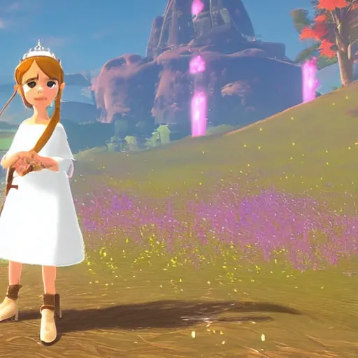 Prompt: a princess very cute and wearing white dress breath of the wild