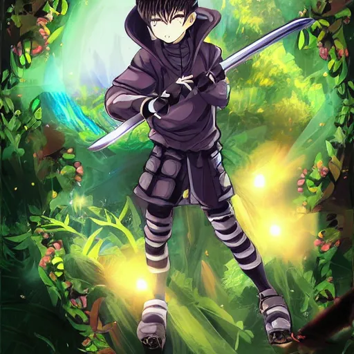 Prompt: « Digital art of a young anime swordman character, fighting Golems, in the jungle and at the night full of stars »