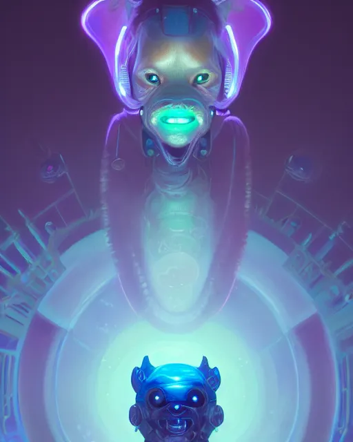 Image similar to one singular portrait of a cute bioluminescent creature, pulp scifi, highly detailed, digital painting, moody cinematic lighting, hyperrealism, dark retrowave, art by stanley lau and artgerm and magali villeneuve and alphonse mucha, artstation, octane render, cgsociety