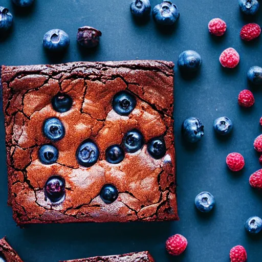 Prompt: chocolate brownie with blueberries, studio photography, 4 k