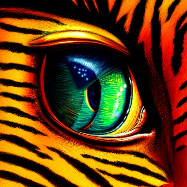 Image similar to macro shot of eye of the tiger, centered eye, symmetry, colorful, sharp and focus, ultra detailed, beautifully lit, in the art style of marc simonetti