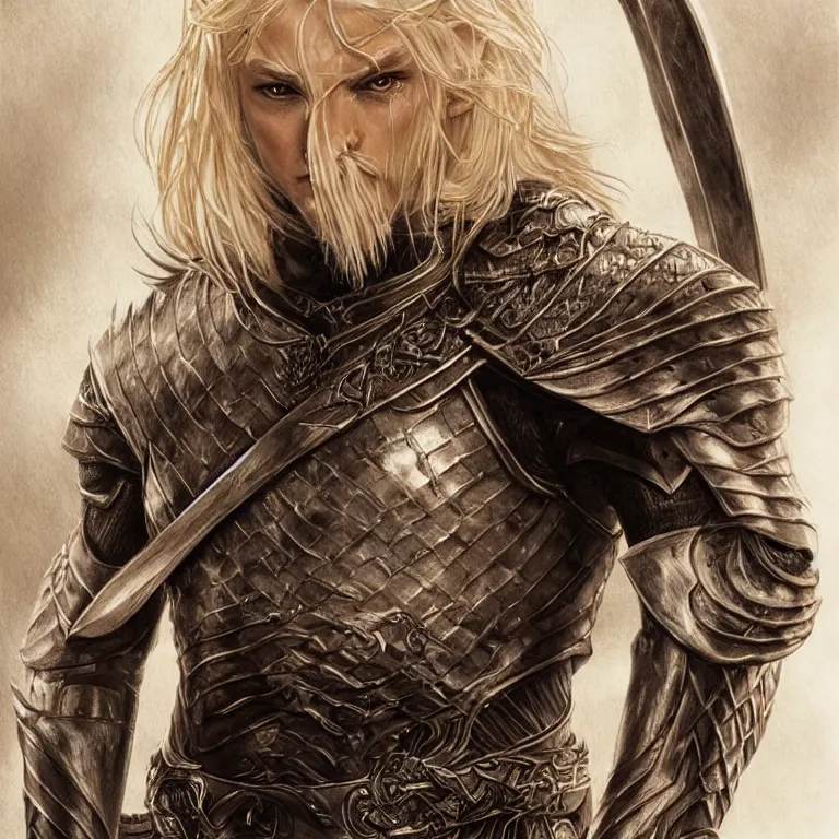 Image similar to elvish blonde male warrior, lord of the rings style, realistic, full body, fantasy, elvish, sharp focus, 8 k high definition, character portrait, portrait, close up, concept art, insanely detailed, intricate, elegant, art by stanley lau and artgerm