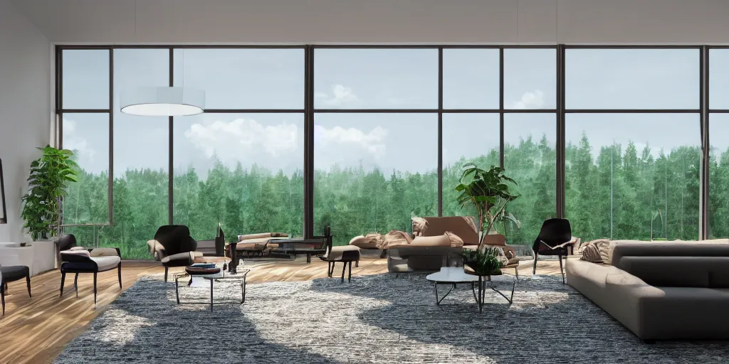 Prompt: a beautiful modern living room, large windows with a beautiful view of a forest, an area rug, realistic, hd, 8 k, digital rendering, unreal engine, blender, octane, maya