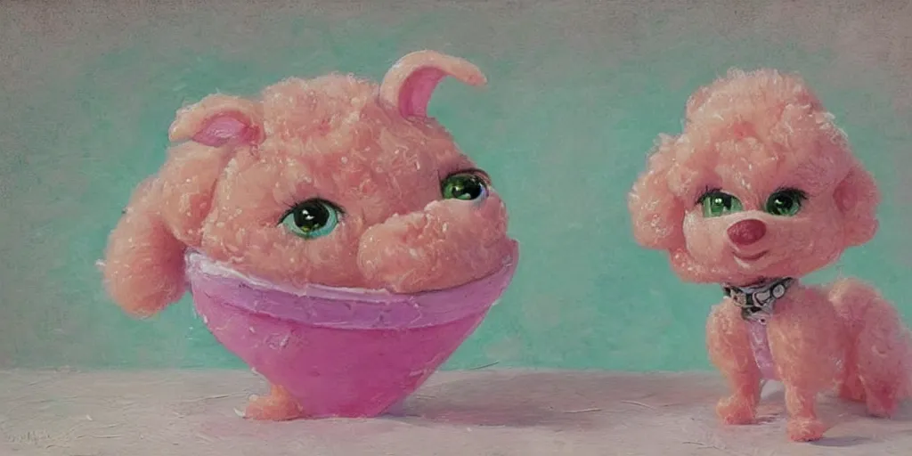 Image similar to bubble gum ice cream made in the shape of 3 d littlest pet shop poodle, realistic, melting, soft painting, forest, desserts, ice cream, glitter, master painter and art style of noel coypel, art of emile eisman - semenowsky, art of edouard bisson