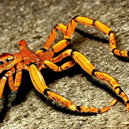 Prompt: deathstalkers are large venomous scorpions measuring 8 0 to 1 1 0 mm in length and weigh 1. 0 to 2. 5 g. they are yellowish in color with brown spots on the metasomal segment v and sometimes on the carapace and tergites.