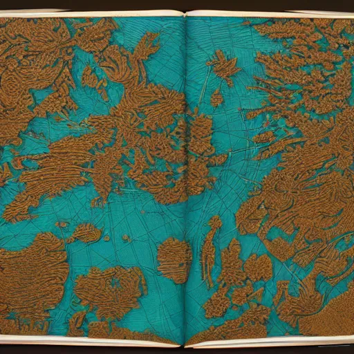 Image similar to an exquisite 3 d map, black and teal paper, intricate, highly detailed, epic, infographic, marginalia, unreal engine