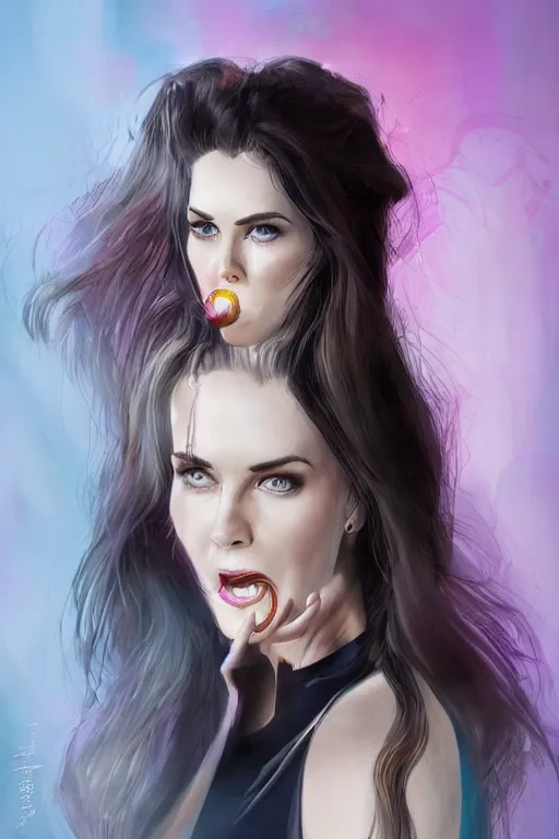 Image similar to mix of beautiful young maria shriver, mariel hemmingway, brooke shields, nicole kidman and elle macpherson as a vampire with mouth open with sharp teeth, thin lips, hair tied up in a pony tail, dark blonde hair, colorful, artstation, cgsociety