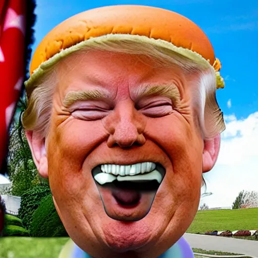Image similar to trump looking happy living in a house made out of a giant cheeseburger