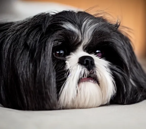 Image similar to a cute black shih - tzu under a bed. hyper realistic and anamorphic 2 0 1 0 s movie still of giovanni falcone, by paolo sorrentino, leica sl 2 3 0 mm, beautiful color, high quality, high textured, lens flare, refined face