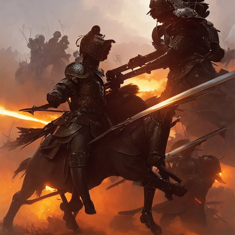 Image similar to commander at the battle field of a medieval war between golden soldiers and black red iron soldiers, dramatic lighting, intricate, wild, highly detailed, digital painting, artstation, concept art, smooth, sharp focus, illustration, art by artgerm and greg rutkowski and alphonse mucha