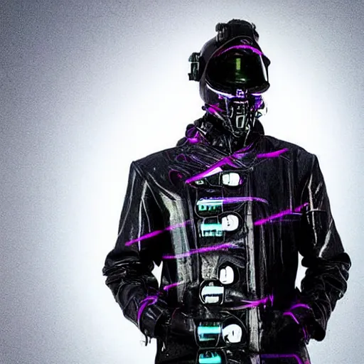 Prompt: mysterious figure wearing a synthwave punk cyber cybernetic trenchcoat. photograph, postapocalyptic, over the shoulder, fashion, vimeo netflix, decorated punk trenchcoat. motocross helmet, with spoilers. gentleman elegant