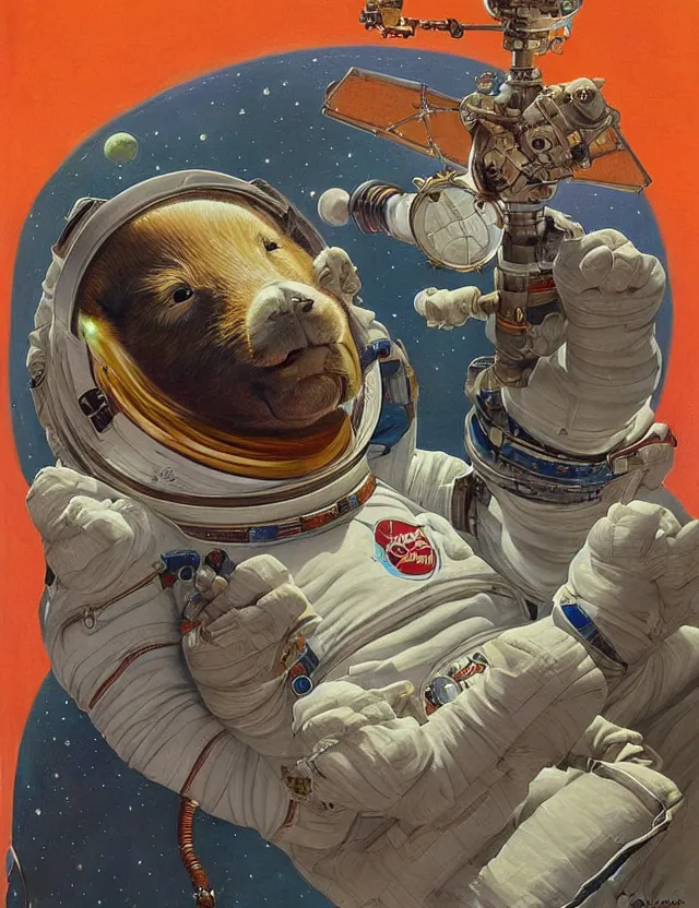 Image similar to beautiful detailed painting of a capybara astronaut in a spacesuit floating above earth by casey weldon by mark ryden by thomas blackshear