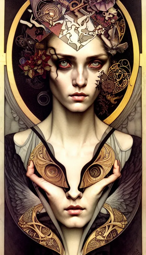 Image similar to M. C. Escher looking puzzled painted by tom bagshaw, mobius, mucha M. C. Escher, gold paint, ink, gnarly details