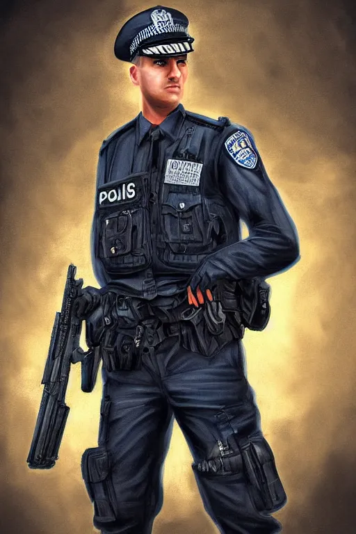 Image similar to london police officer heroically posing, highly detailed, digital art, sharp focus, trending on art station