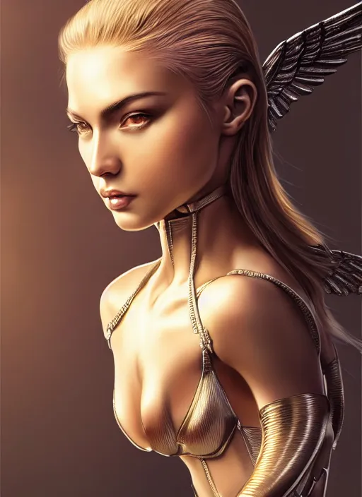 Image similar to photo of a gorgeous young mechanical angel woman in the style of stefan kostic, realistic, sharp focus, 8 k high definition, insanely detailed, intricate, elegant, art by stanley lau and artgerm