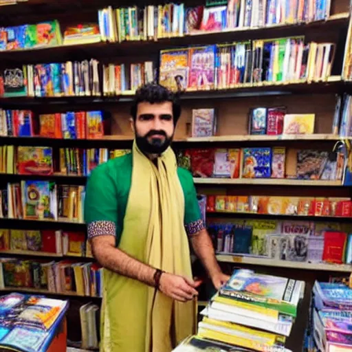 Image similar to Italian/Irish guy in kurta as a cashier in the bookstore at a Hindu ashram