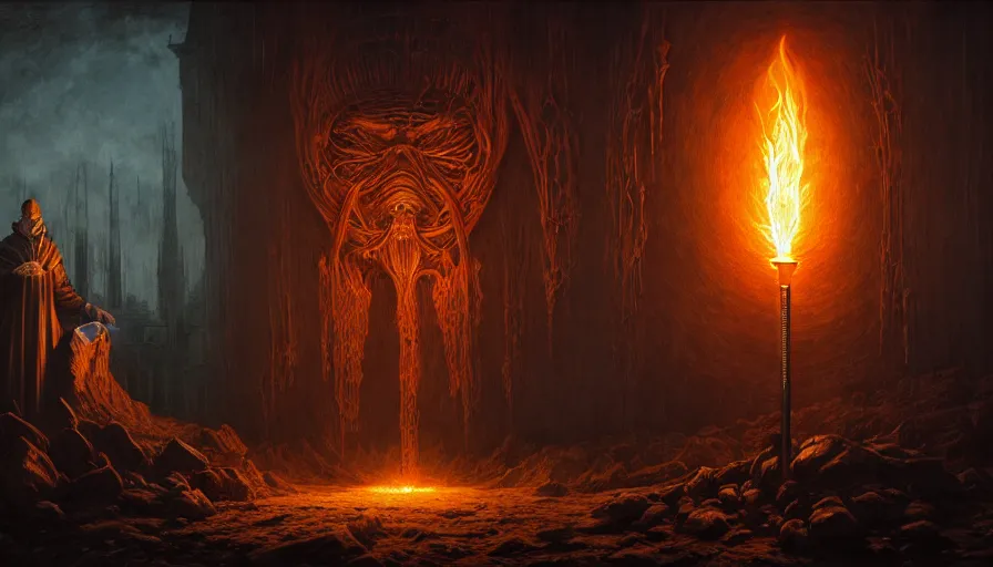 Prompt: a grand inquisitor with a torch behind which is a burning village,, fine details, blood, digital art, volumetric lighting, cinematic light, photorealistic, by dan mumford and zdzisław beksinski, by giger, by caravaggio, 4 k,