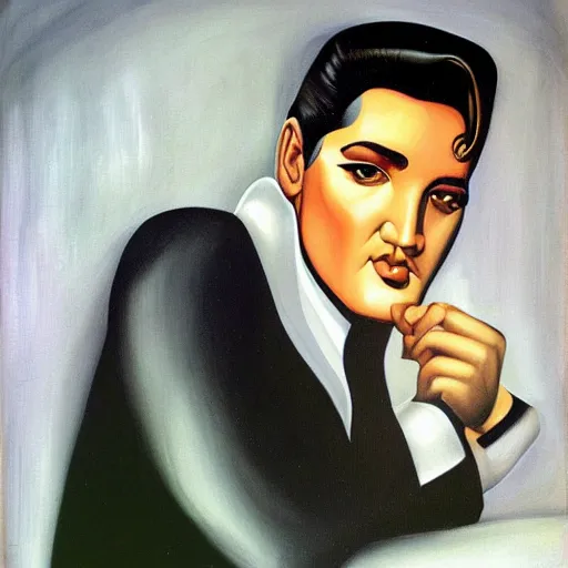 Image similar to portrait of elvis presley, by tamara de lempicka