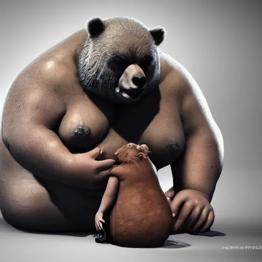 Prompt: cinematography picture of very fat monster with human skin, holding a bear while eating a human, unreal engine 5, ps5, ultra realistic, hyperrealistic, artstation