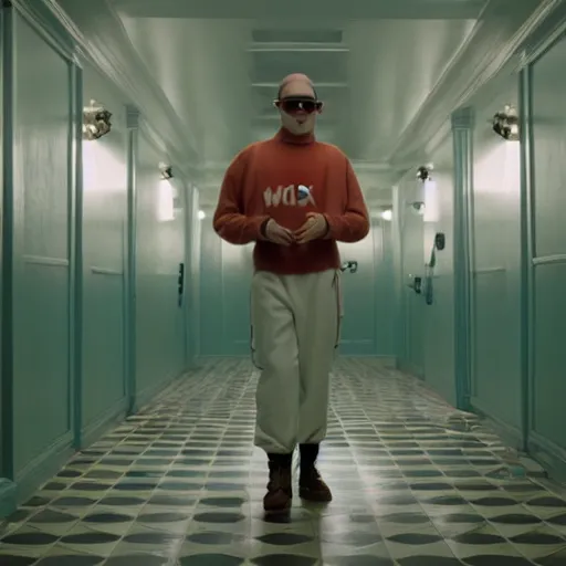 Prompt: 3 / 4 back mid shot bad bunny in a sci - fi overlook hotel hallway, wes anderson movie, rembrandt lighting, imax 4 0 mm anamorphic lens, one point perspective, tetradic color scheme, - w 1 2 8 0