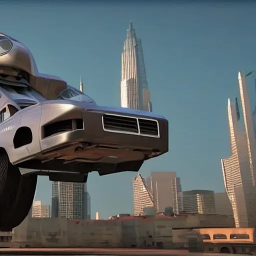 Image similar to a promotional movie still of a futuristic flying truck. the truck is hovering high in the air next to a tall impressive looking building. the truck looks like a food truck. fifth element ( 1 9 9 7 ), unreal engine 5, octane 3 d, render, imax 7 0 mm