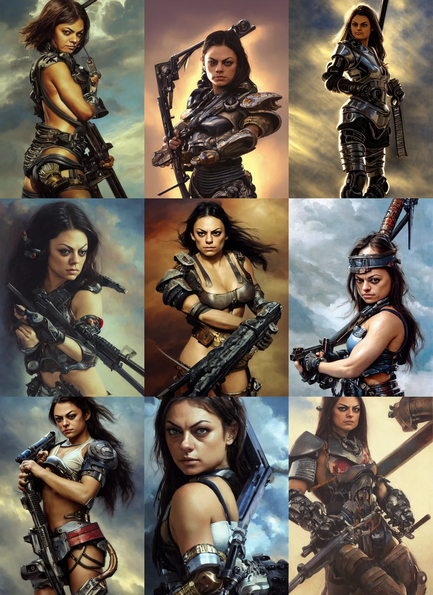 Image similar to extremely muscled cute mila kunis closeup portrait of a beautiful biblical diabolical samurai girl holding a rifle, cyborg armor, in clouds, cinematic studio light, windy, sunrise, by gerald brom, by mikhail vrubel, by peter elson, muted colors, extreme detail, trending on artstation, 8 k