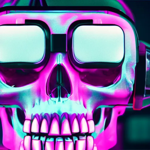 Image similar to a skull with a vr headset in a cyberpunk aesthetic, 4 k, with the word pixel written on the headset