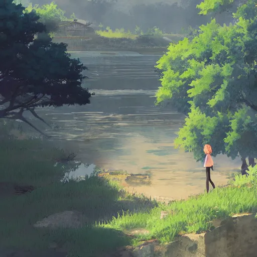 Image similar to by makoto shinkai peach, 1 9 7 0 s precise. the mixed mediart is of a small village with a river running through it. in the distance, there are mountains. the sky is clear & the sun is shining.