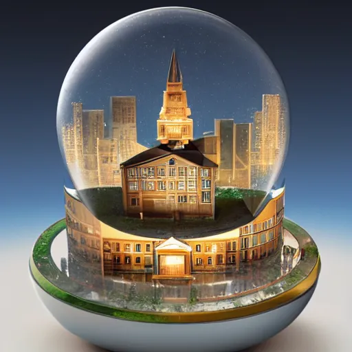 Prompt: a snow globe with a building in it, a computer rendering by leandro erlich, trending on cgsociety, retrofuturism, tesseract, isometric, physically based rendering