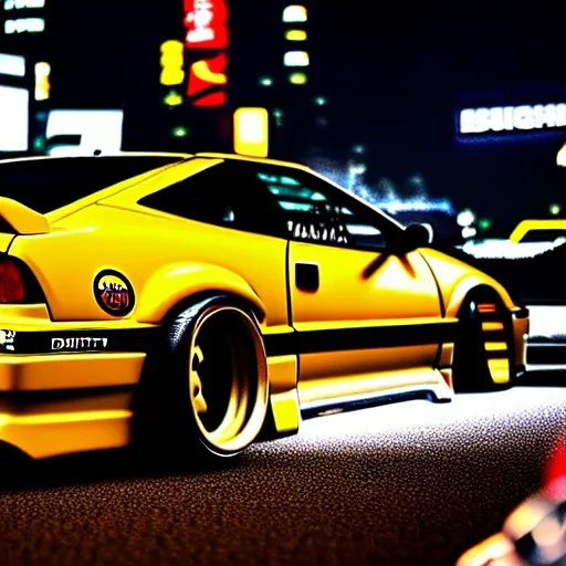 Image similar to a car 300ZX twin turbo drift at illegal car meet, Shibuya prefecture, city midnight mist lights, cinematic lighting, photorealistic, highly detailed wheels, high detail