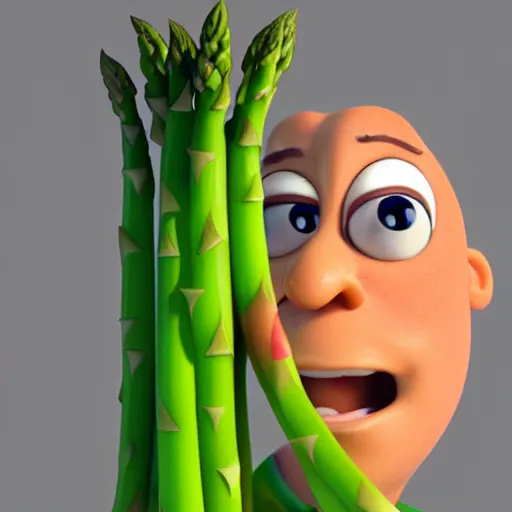 Image similar to a 3 d portrait of a handsome asparagus character from the movie sausage party. cinema 4 d, maxon one, ue 5, very high aperture, subsurface scattering, volumetric lighting, perfect lighting, focus on face.