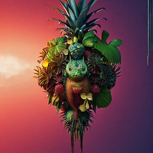 Image similar to tropical fruit creature in a lush trunda vegetation, water reflection, night, backlit, warm tones, bioluminescent : by michal karcz, daniel merriam, victo ngai and guillermo del toro : ornate, dynamic, particulate, intricate, elegant, highly detailed, centered, artstation, smooth, sharp focus, octane render, 3 d