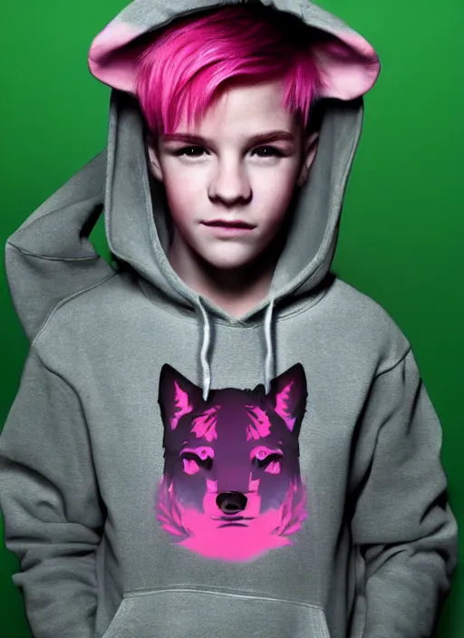 Prompt: a beautiful portrait of a cute teenage boy with pink hair and pink wolf ears and green eyes wearing a hoodie. artstation, pinterest, ambient occlusion, volumetric light, digital art, highly detailed, fine detail, complex fantasy character, rendered in octane