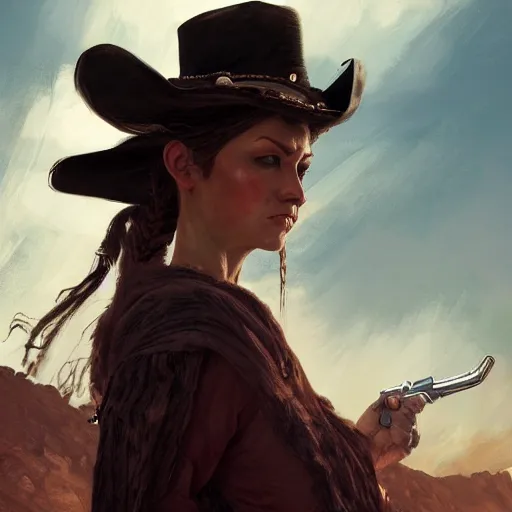 Prompt: portrait of a woman, angry, fantasy art, angry, red dead redemption, django, town background, weird west, deadlands, dramatic lighting, digital art, 8 k, extremely detailed, drawn by ruan jia,