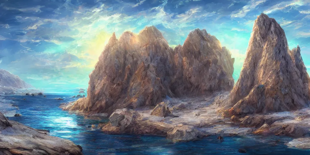 Image similar to salt covered islands surrounded by sheer colourful quartz cliffs, illustration, bright sunlight, sun glints, sunrays, digital art, oil painting, fantasy, 8 k, trending on artstation, detailed