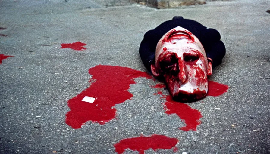 Image similar to 1 9 7 0 s movie still of maximilien de robespierre's head on the pavement with blood, cinestill 8 0 0 t 3 5 mm, high quality, heavy grain, high detail, cinematic composition, dramatic light, anamorphic, ultra wide lens, hyperrealistic