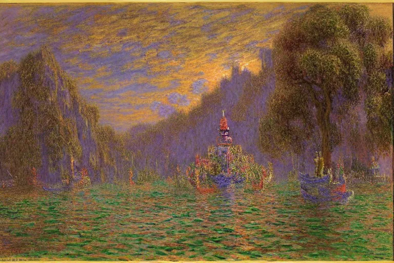 Image similar to a kingdom of excess and lavish life, colorful, by gustave dore by claude monet