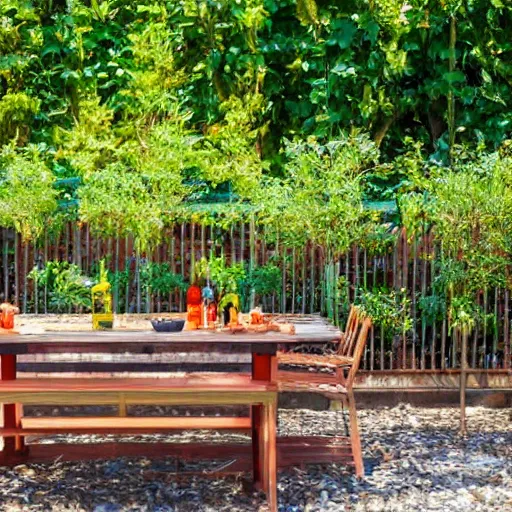 Image similar to fenced in garden, orange brick fence, wood fired bbq and wooden table covered by trellis with vines, bright sunny day, blue skies, no clouds, artistic rendering 8k