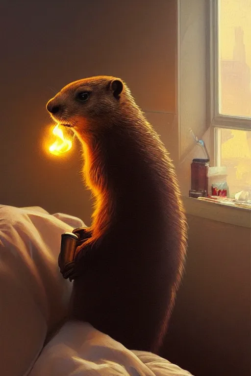 Prompt: groundhog smoking pot in a bed, realistic portrait, highly detailed, digital painting, artstation, concept art, smooth, sharp focus, illustration, cinematic lighting, art by artgerm and greg rutkowski and alphonse mucha