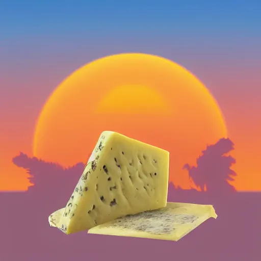 Image similar to rat made of slices of cheese with a sunset in the background, digital art