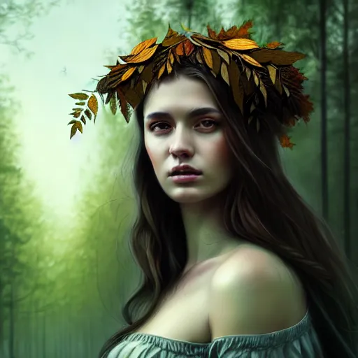 Image similar to a pretty girl clothed in leaves, surrounded by wolves digital painting, photorealistic, in the style of greg rutkowski, full body, detailed face