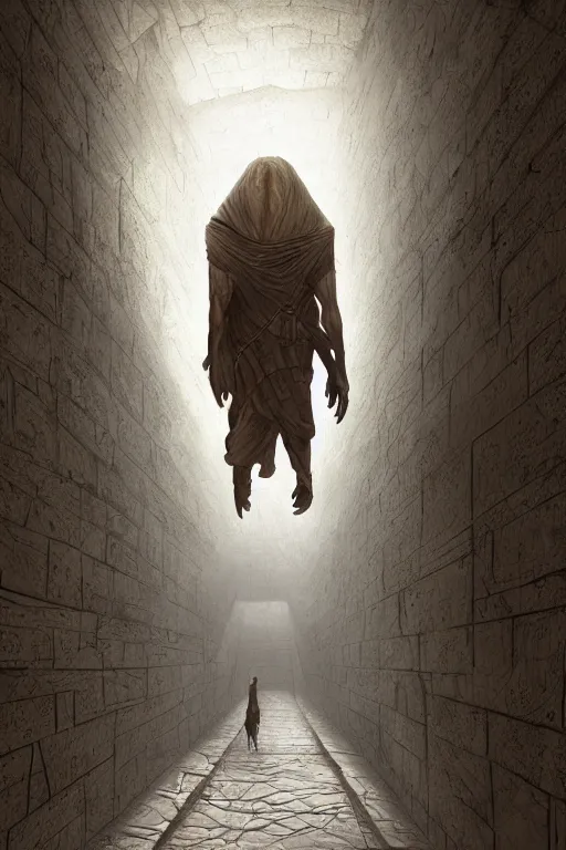 Image similar to a mummy walking down a hallway in a Pyramid, face portrait, raphael lacoste, eddie mendoza, alex ross, concept art, matte painting, highly detailed, rule of thirds, dynamic lighting, cinematic, detailed, denoised, centerd