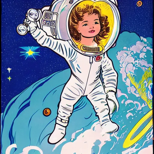 Prompt: a painting of a little girl with wavy curly hair floating in space. she is an astronaut, wearing a space suit. white background. well composed, clean painting, beautiful detailed face. illustration by steve ditko and jack kirby and alphonse mucha